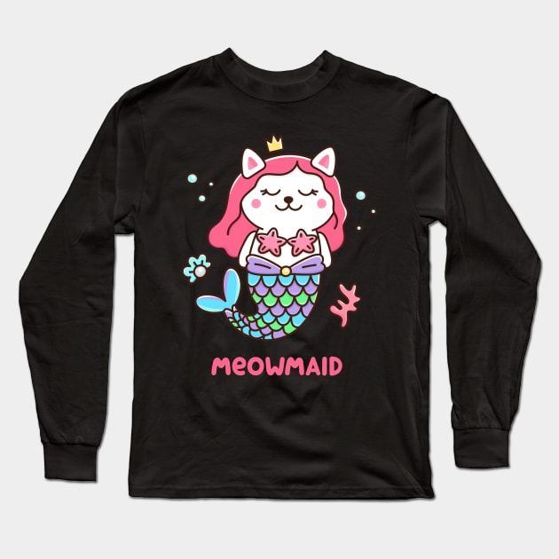 Cute kawaii white cat - mermaid Long Sleeve T-Shirt by Viaire